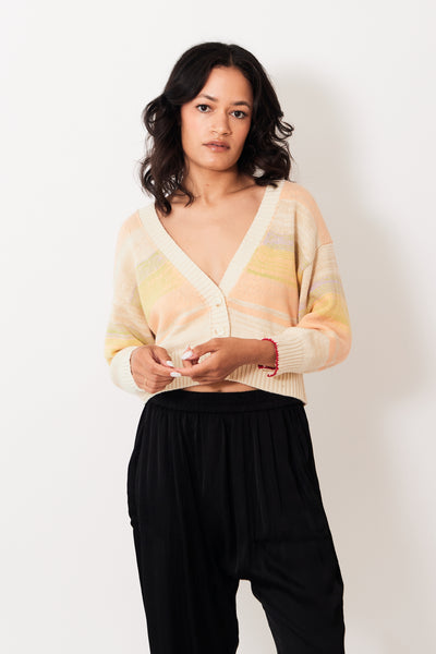 Amanda wearing Raquel Allegra Gower Cardigan front view