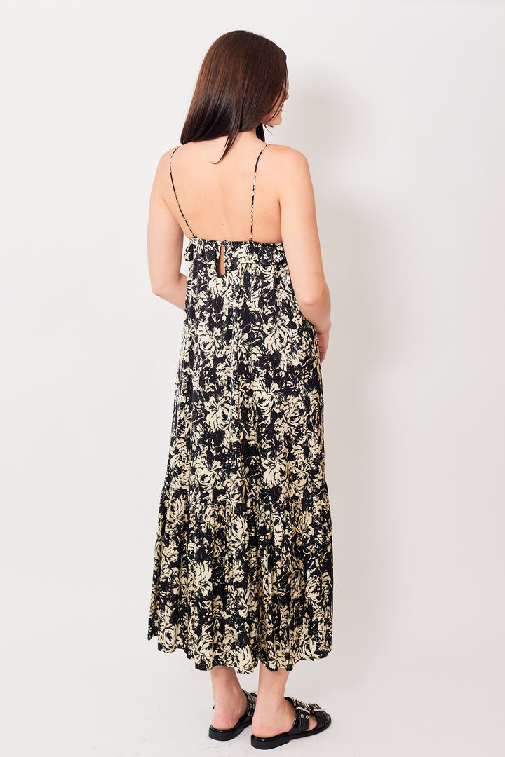 Julia wearing Ganni Printed Satin Strap Dress rear view