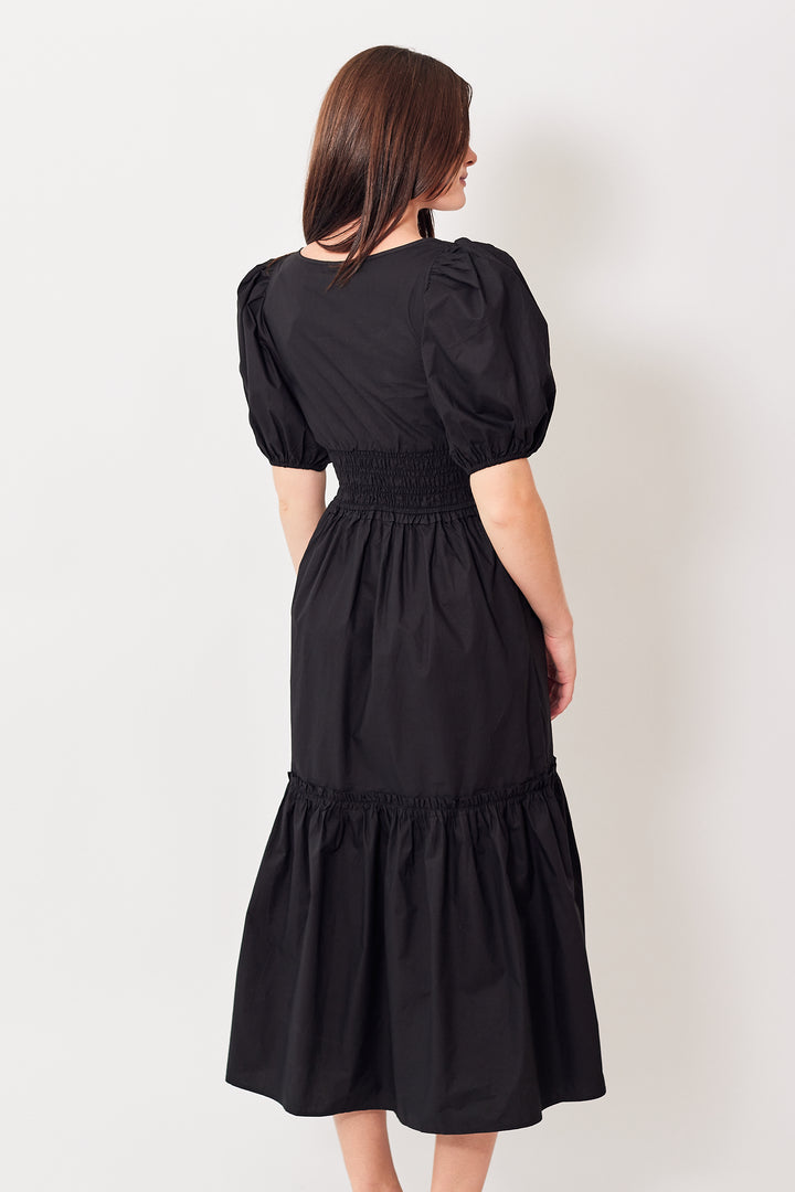 Julia wearing Ganni Cotton Poplin Long Smock Dress rear view