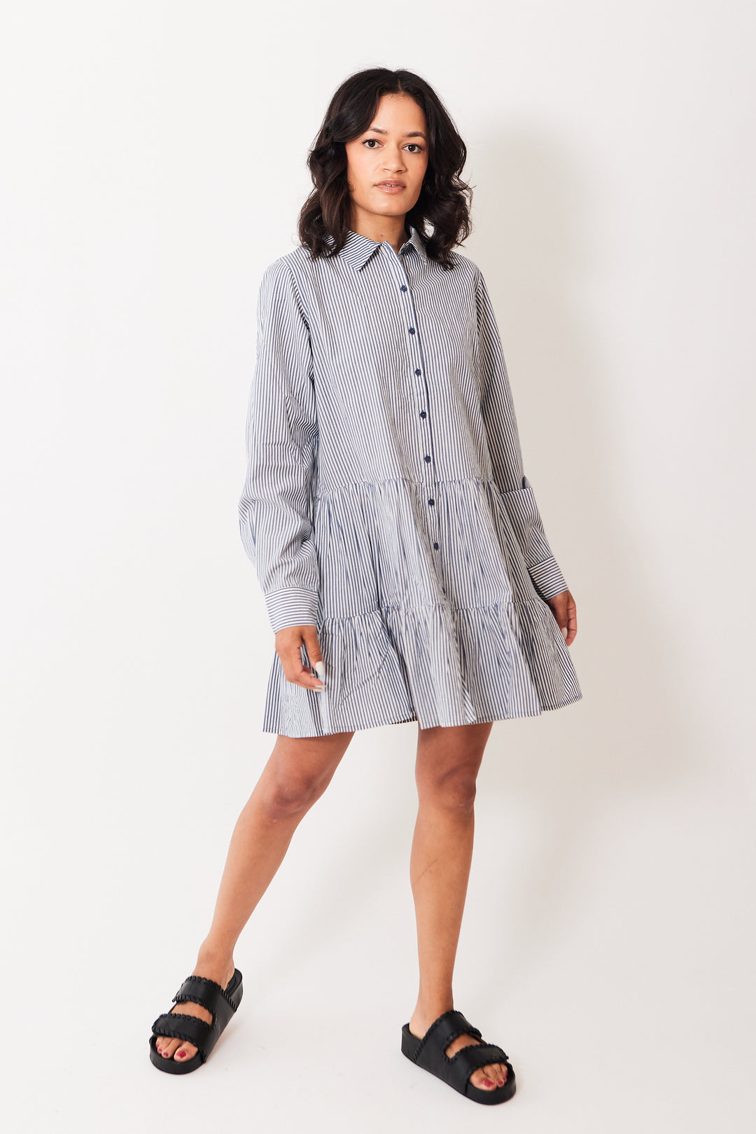 Amanda wearing Apiece Apart Anna Shirt Dress front view