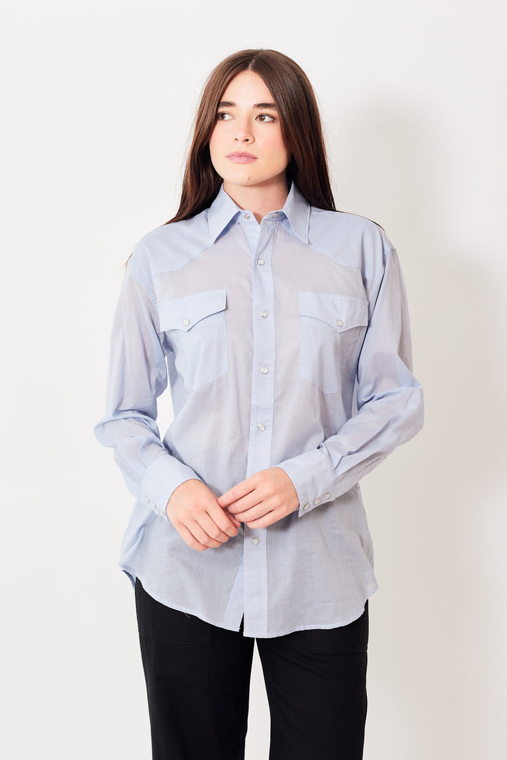 Julia wearing 6397 Sheer Western Shirt front view