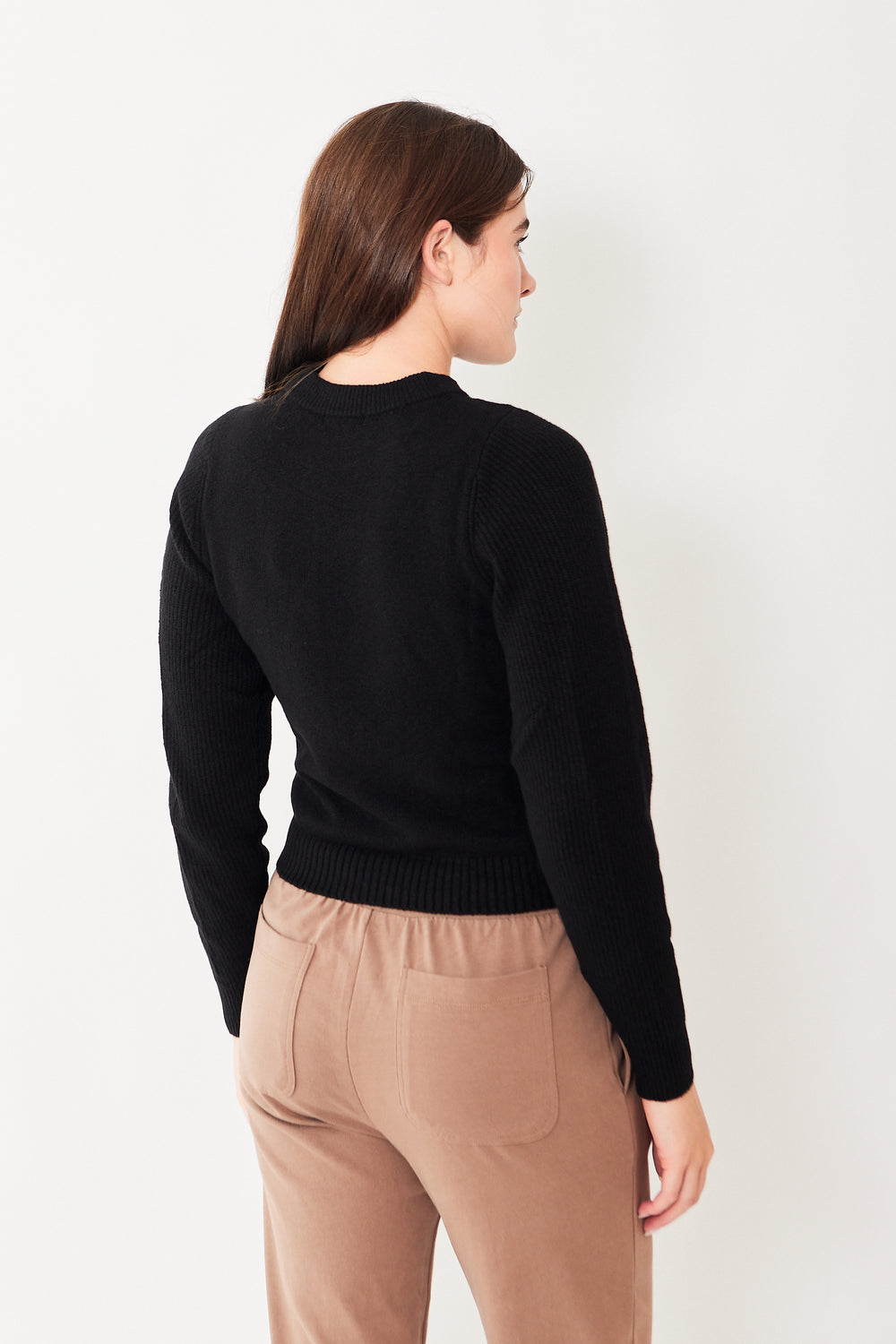 Julia wearing Lilla P Rib Sleeve Crewneck Sweater rear view