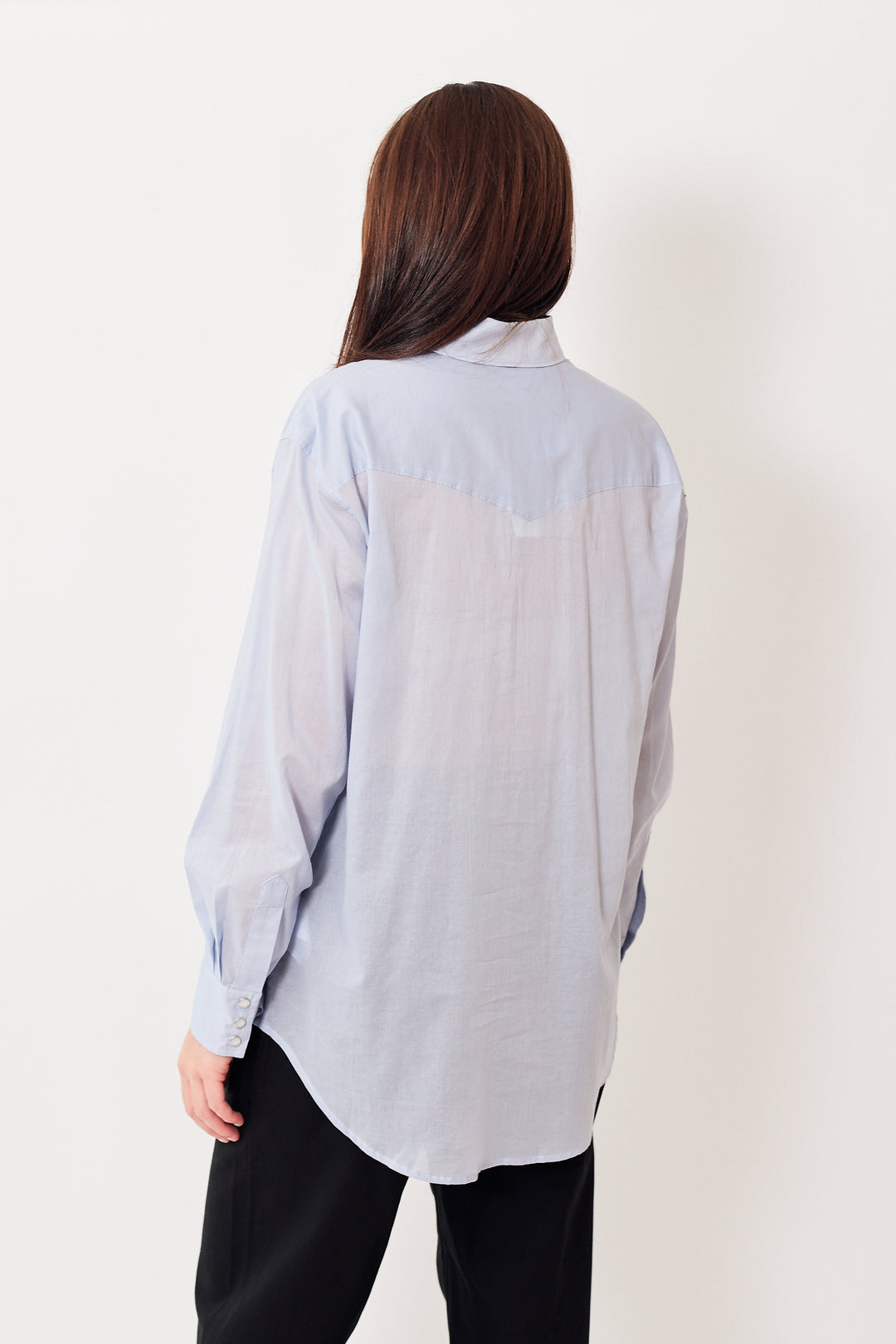 Julia wearing 6397 Sheer Western Shirt rear view