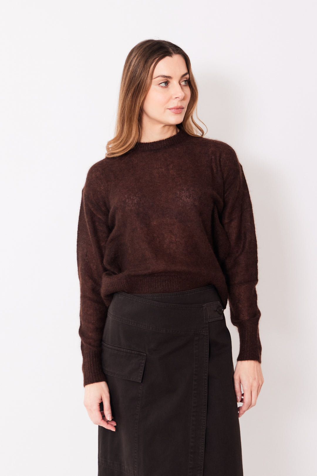 Mari wearing Apiece Apart Softest Tissue Weight Sweater front view