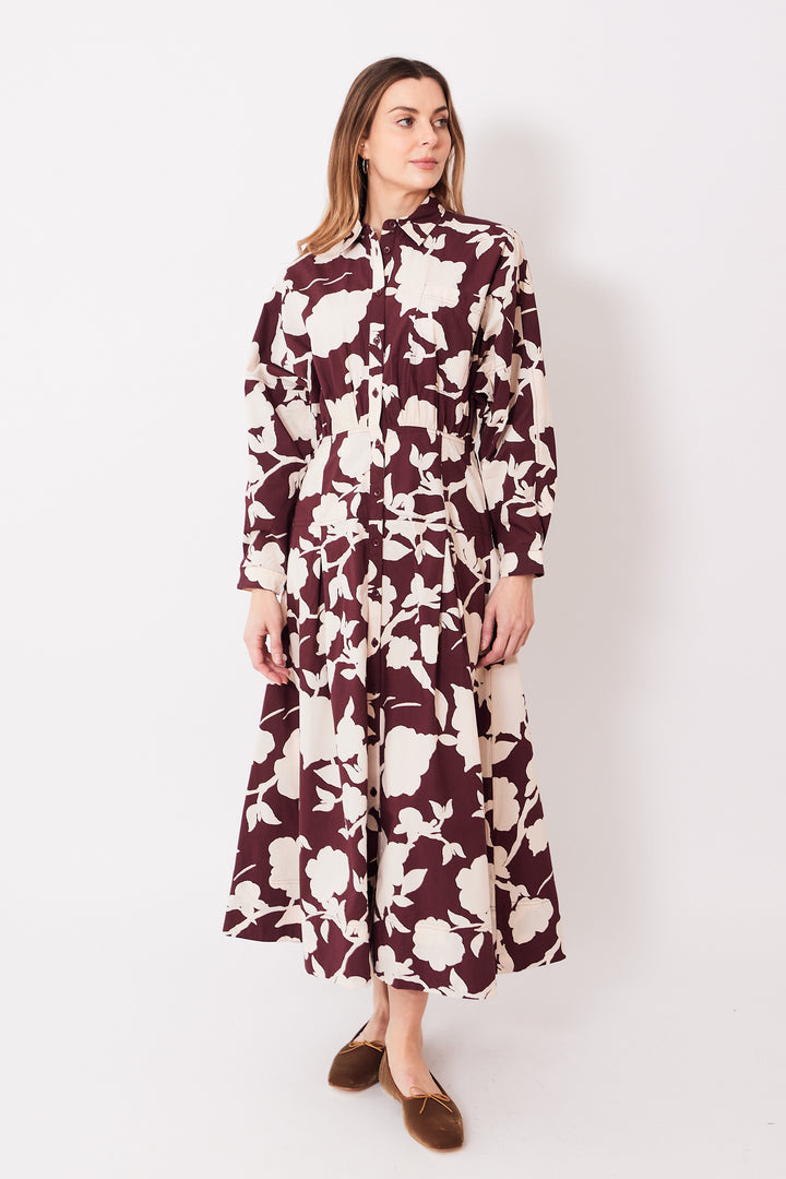 Mari wearing Apiece Apart Pietra Maxi Shirt Dress front view