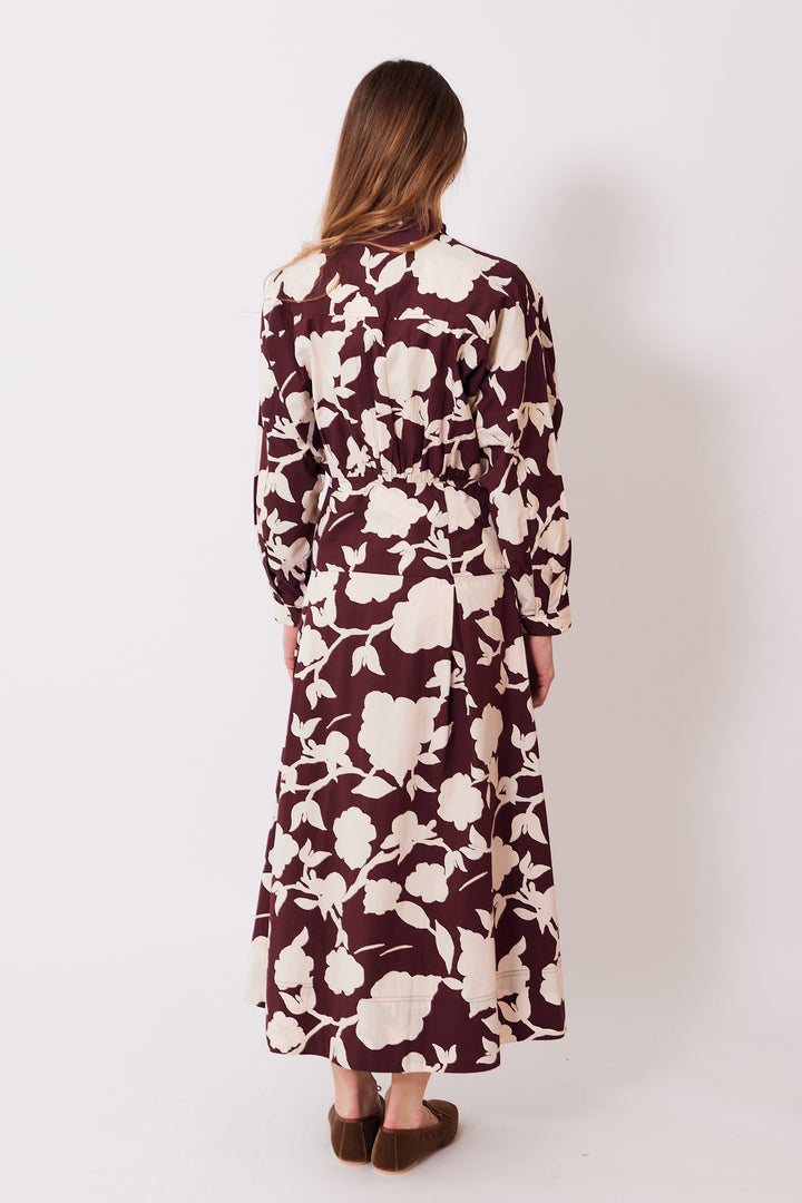 Mari wearing Apiece Apart Pietra Maxi Shirt Dress rear view