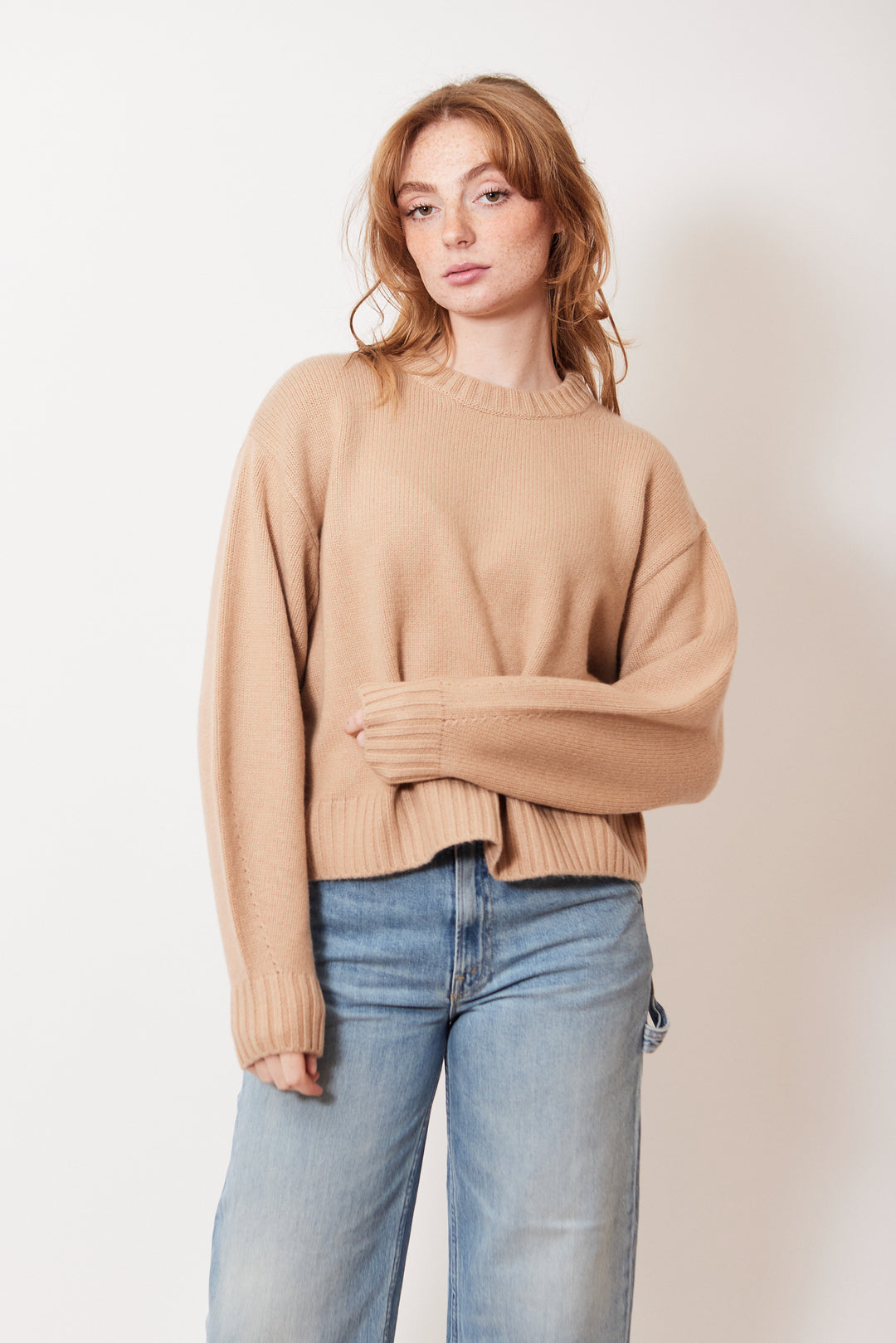 Waverly wearing White + Warren Cashmere Blend Drop Shoulder Crewneck front view