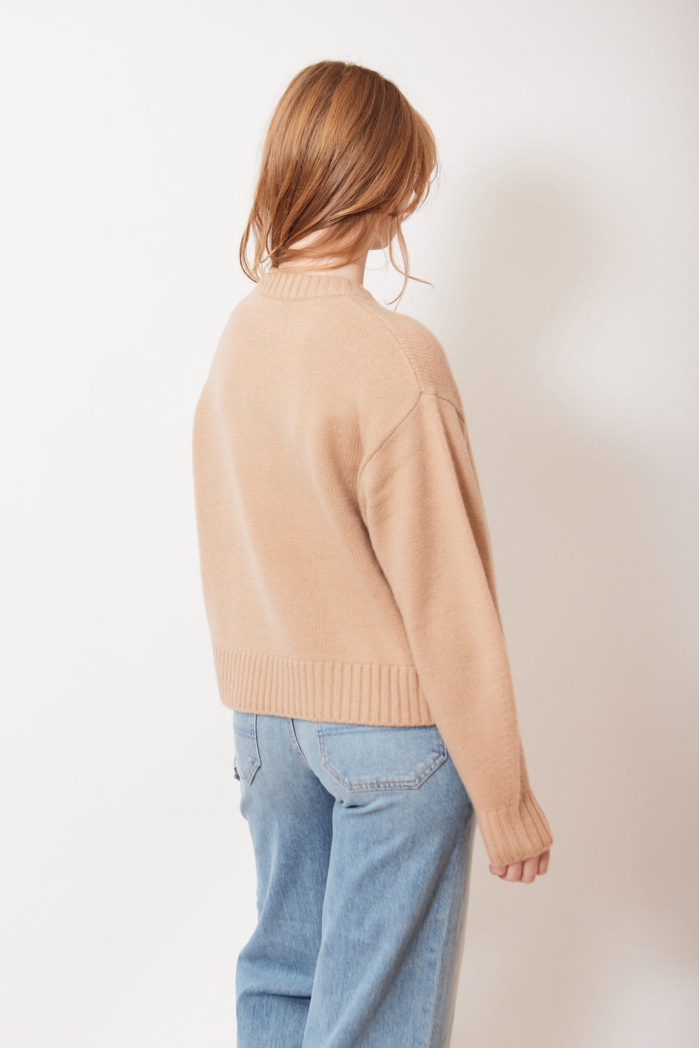 Waverly wearing White + Warren Cashmere Blend Drop Shoulder Crewneck rear view