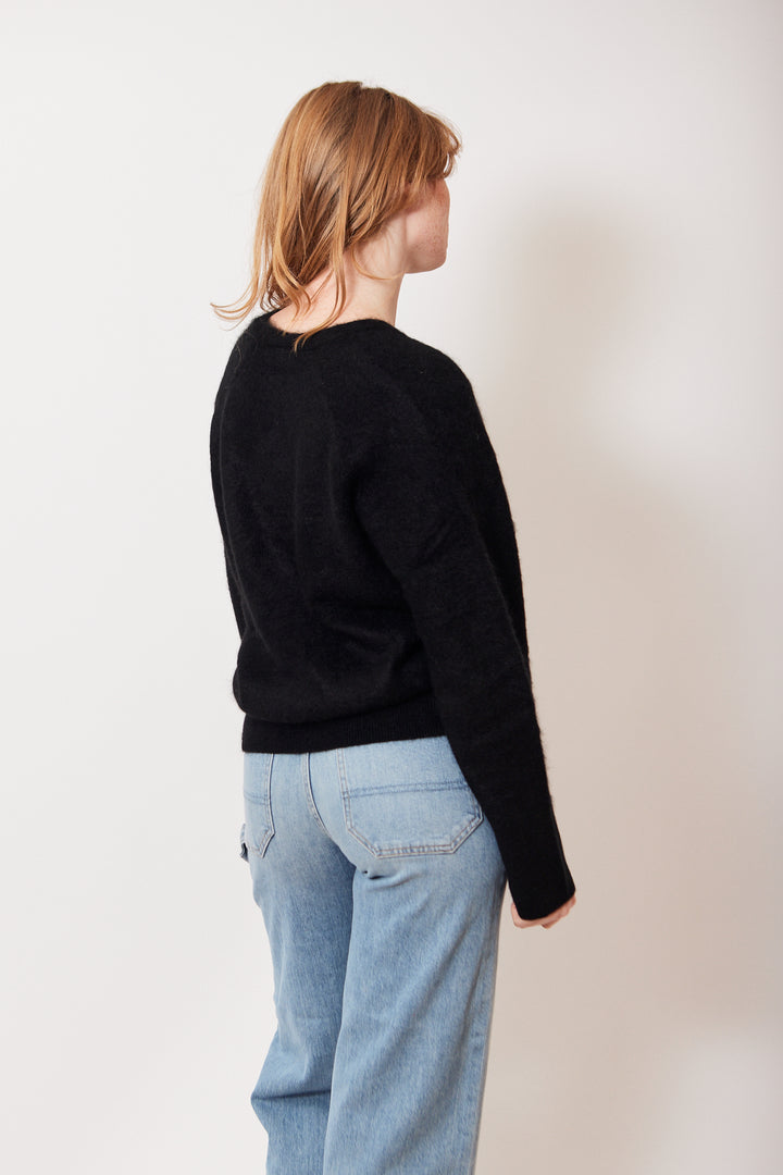 Waverly wearing White + Warren Brushed Cashmere Easy VNeck rear view