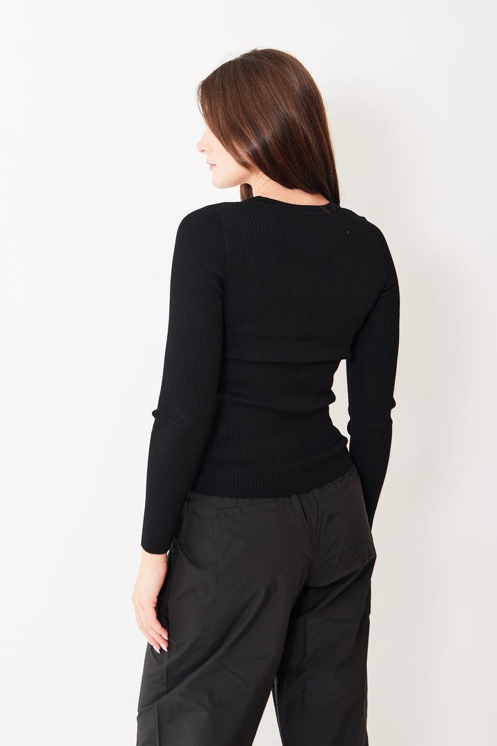 Julia wearing Lilla P Ribbed Cardigan Sweater rear view