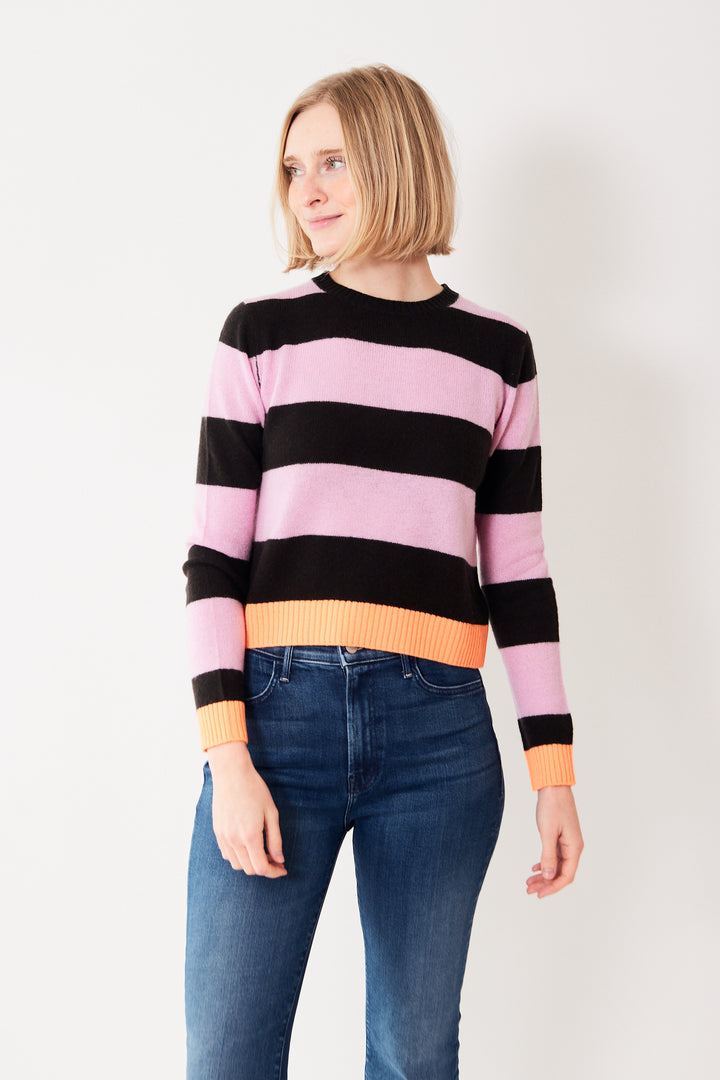 Madi wearing Jumper 1234 Contrast Stripe Crew front view