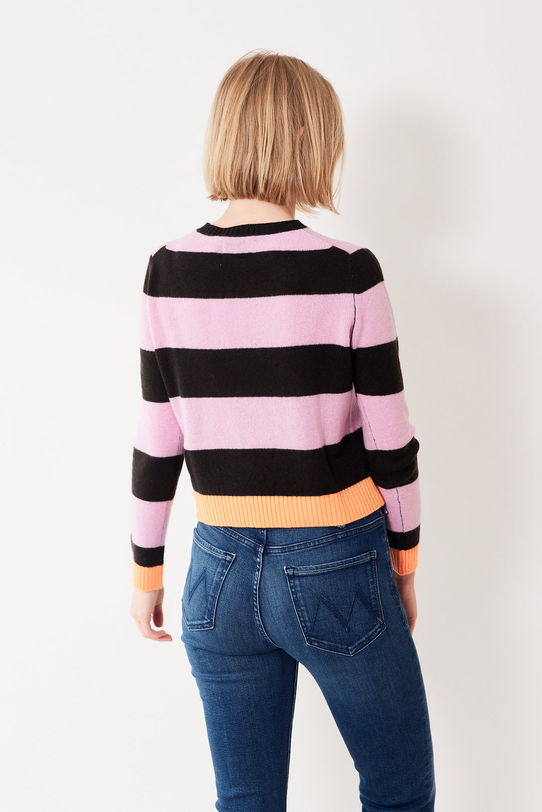 Madi wearing Jumper 1234 Contrast Stripe Crew rear view