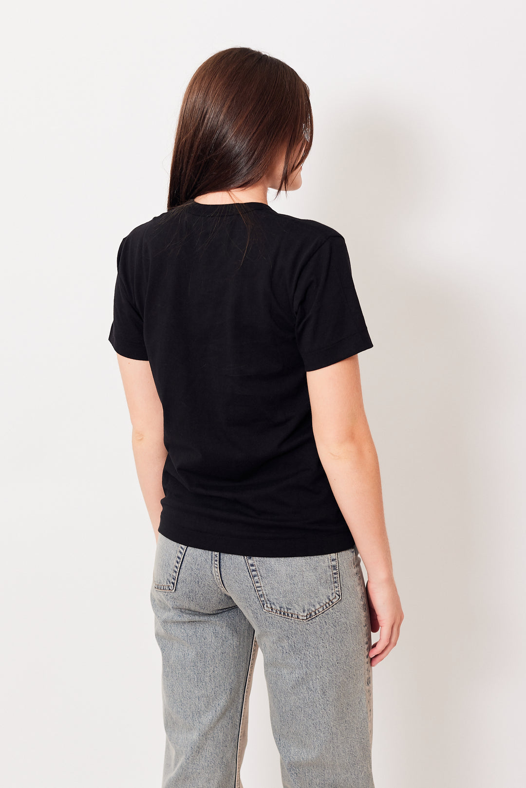 Julia wearing Comme des Garçons Many Heart Short Sleeve Logo Print T-Shirt rear view