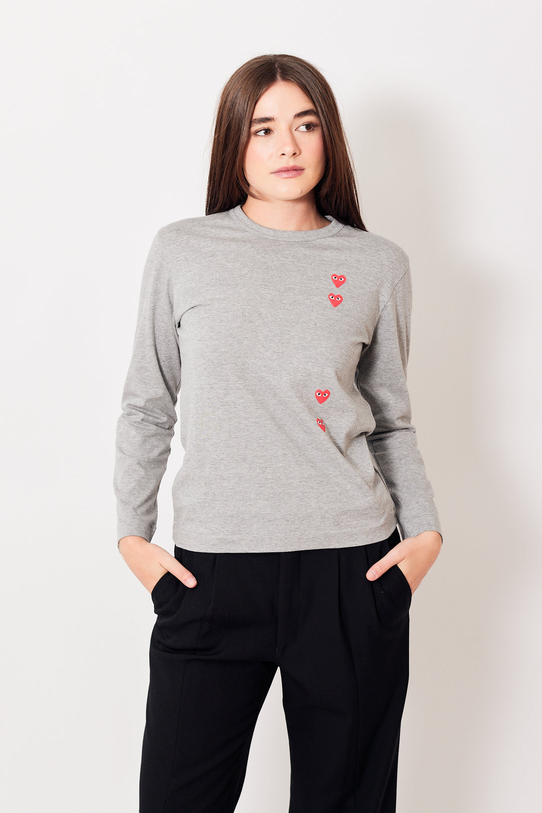 Julia wearing Comme des Garçons Many Heart Long Sleeve Logo Print T-Shirt front view