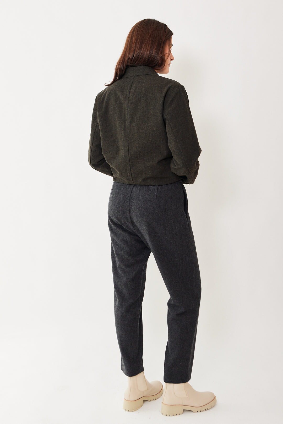 Julia wearing Pas de Calais Eco Wool Flannel Slim Tapered Pants rear view