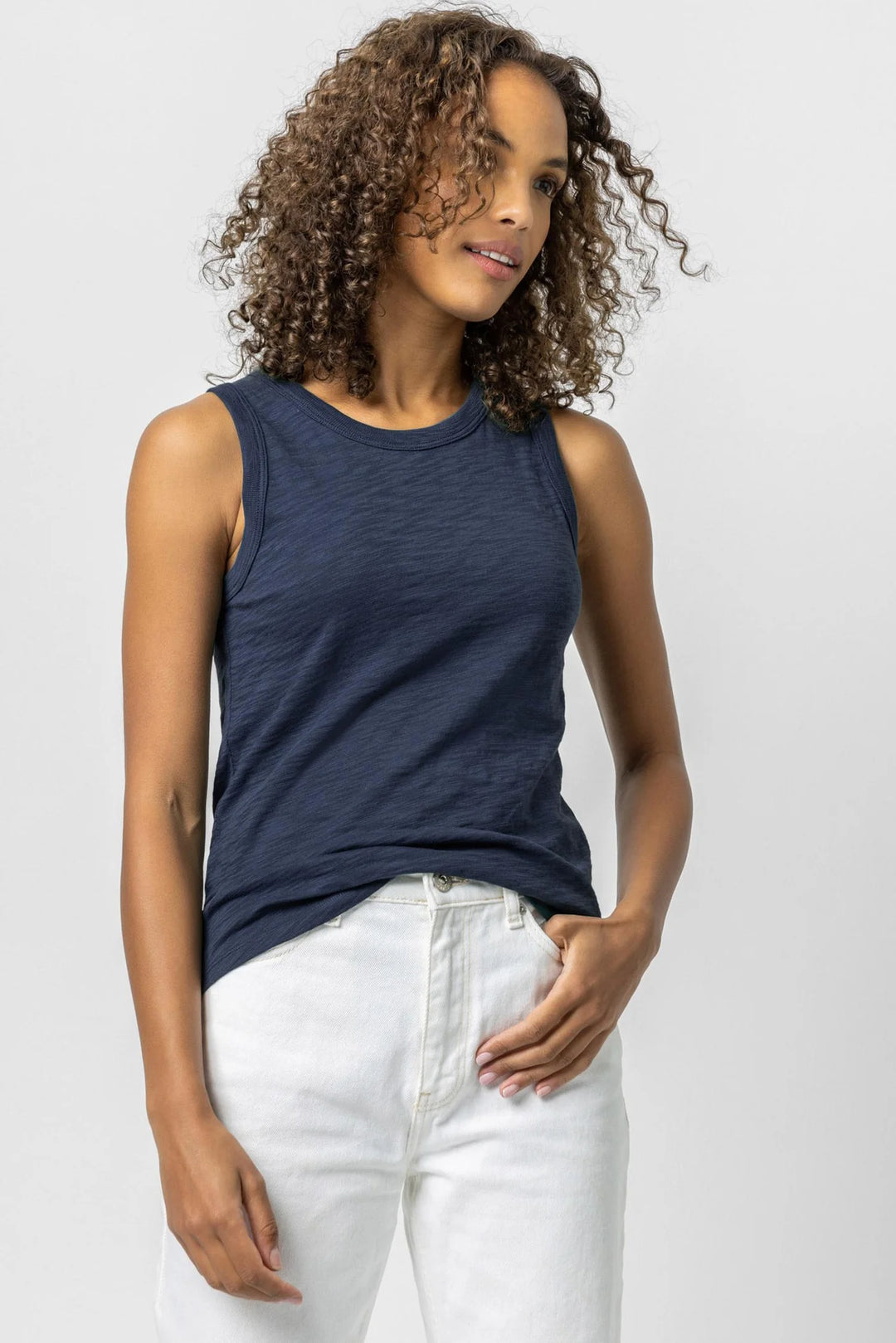 Model wearing Lilla P Back Seam Tank front 