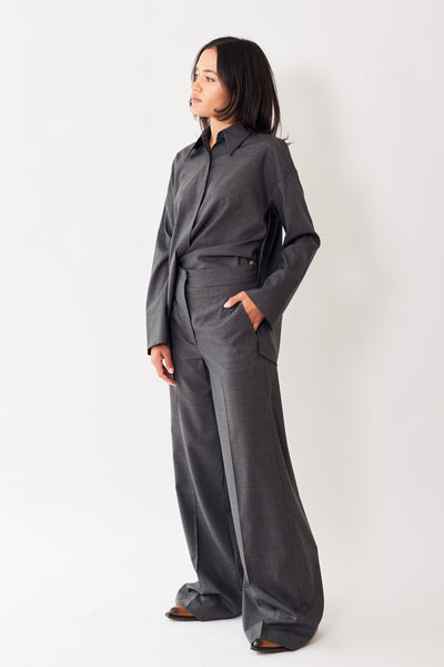 Amanda wearing Odeeh Virgin Wool Full Wide Leg Trouser front view