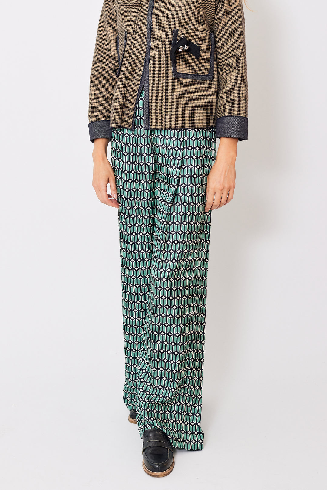 Mari wearing Odeeh Silk Geometric Wide Leg Easy Pant front view