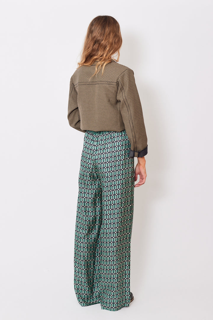 Mari wearing Odeeh Silk Geometric Wide Leg Easy Pant rear view