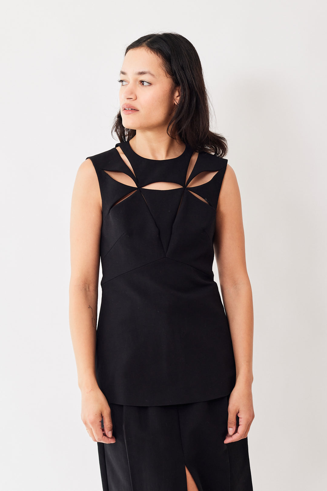 Amanda wearing Mantu Figure Fit Cut Out Top front view