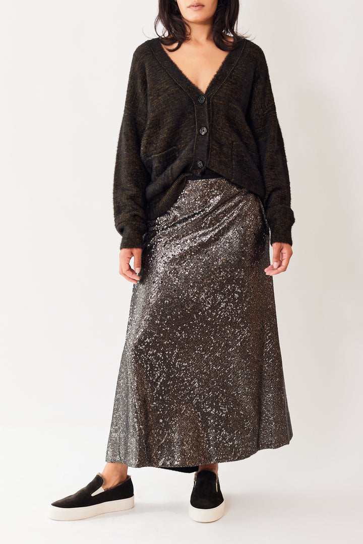 Amanda wearing Odeeh Back Zip Sequin Skirt front view