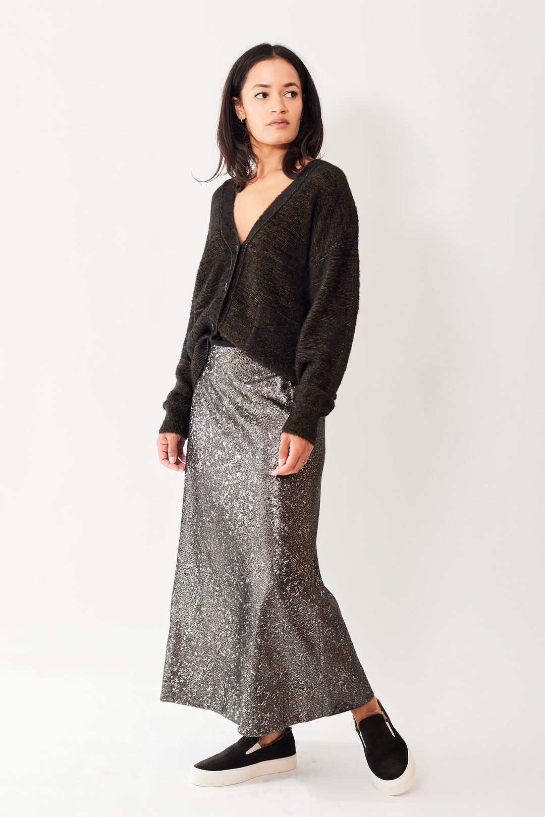 Amanda wearing Odeeh Back Zip Sequin Skirt front view