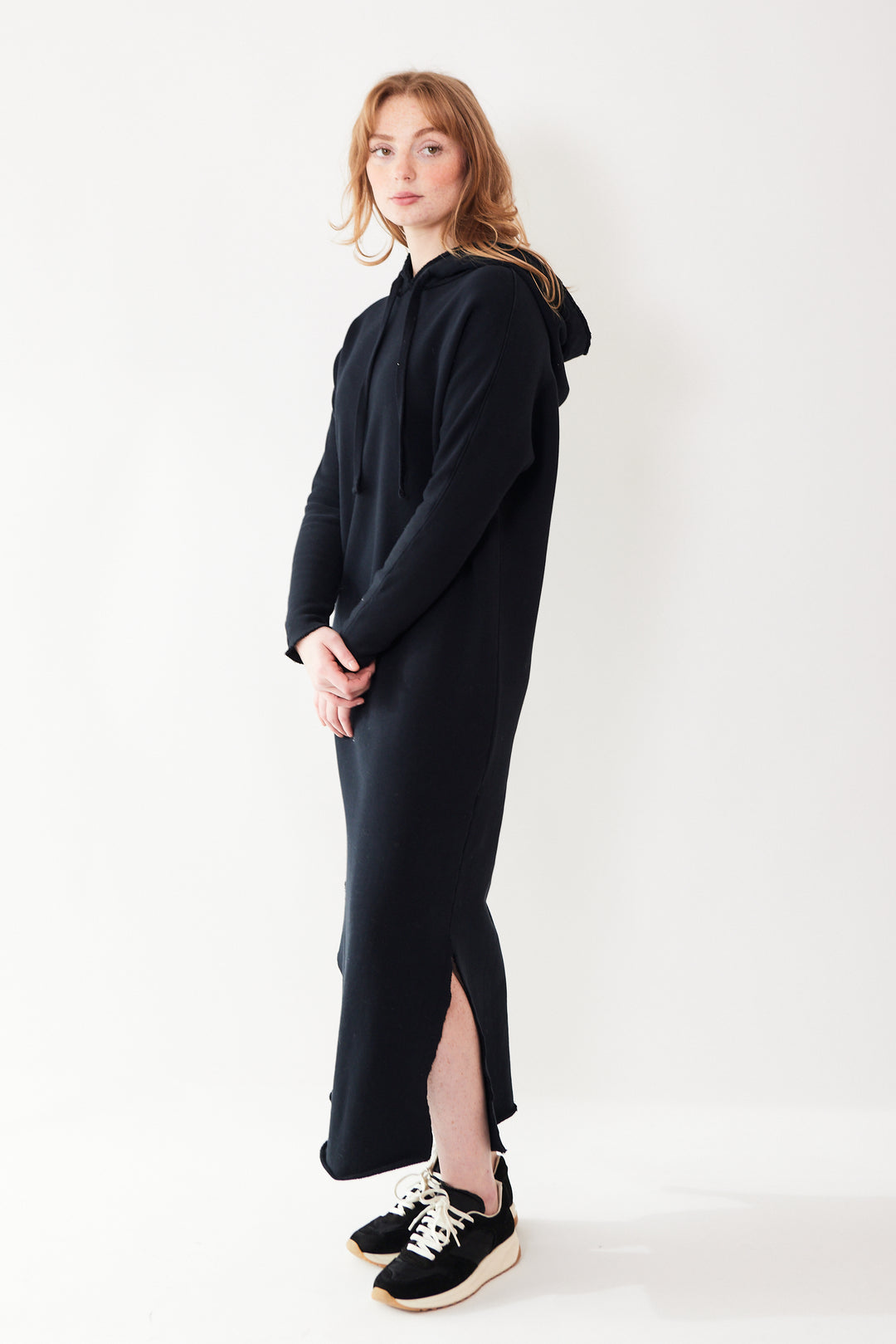 Waverly wearing Frank & Eileen James Hooded Cape Dress front/side view