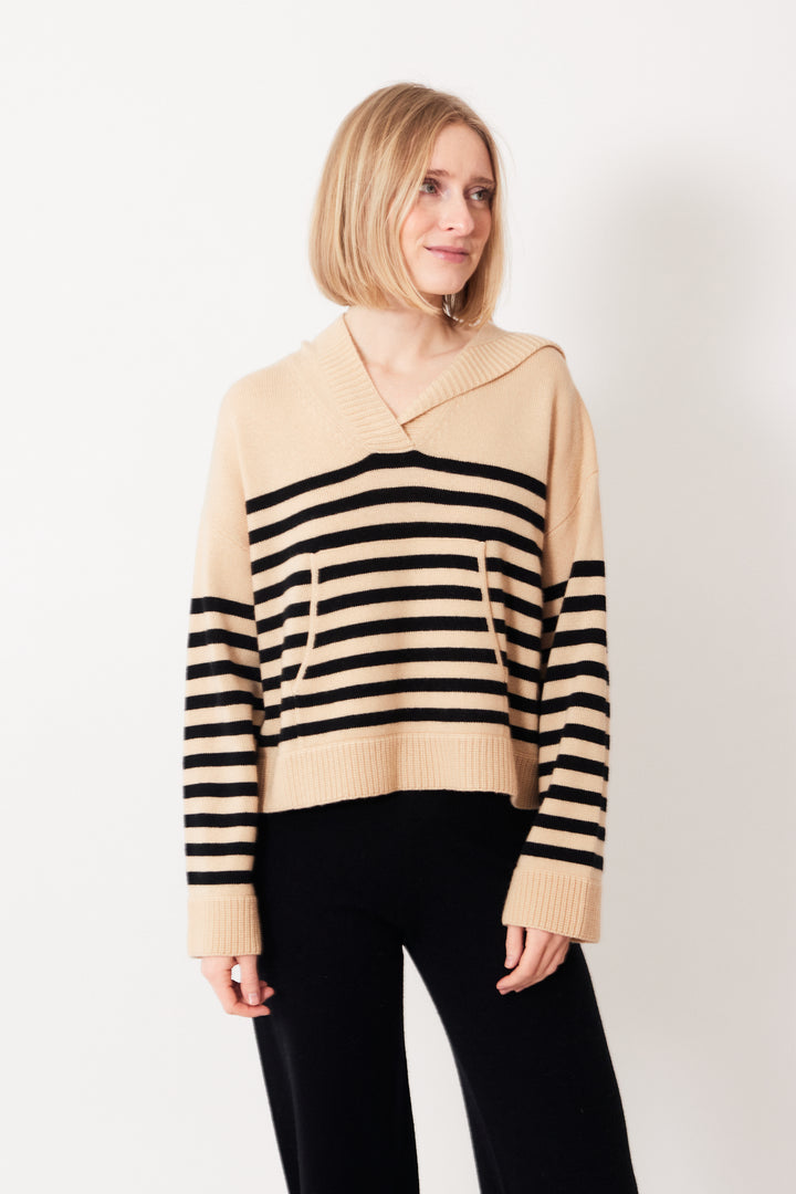 Madi wearing Allude Full Sleeve Striped Hoodie Sweater front view