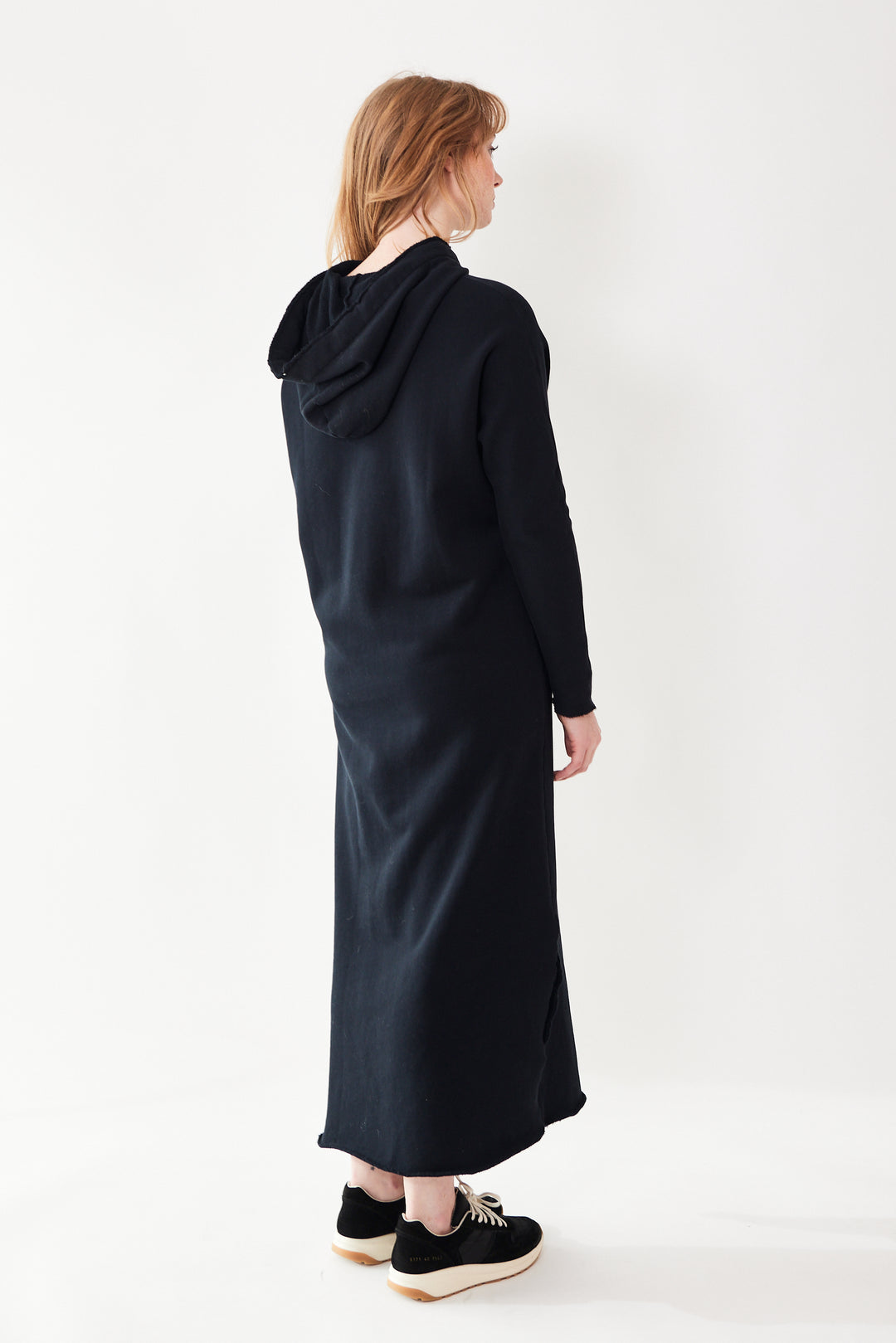 Waverly wearing Frank & Eileen James Hooded Cape Dress rear view