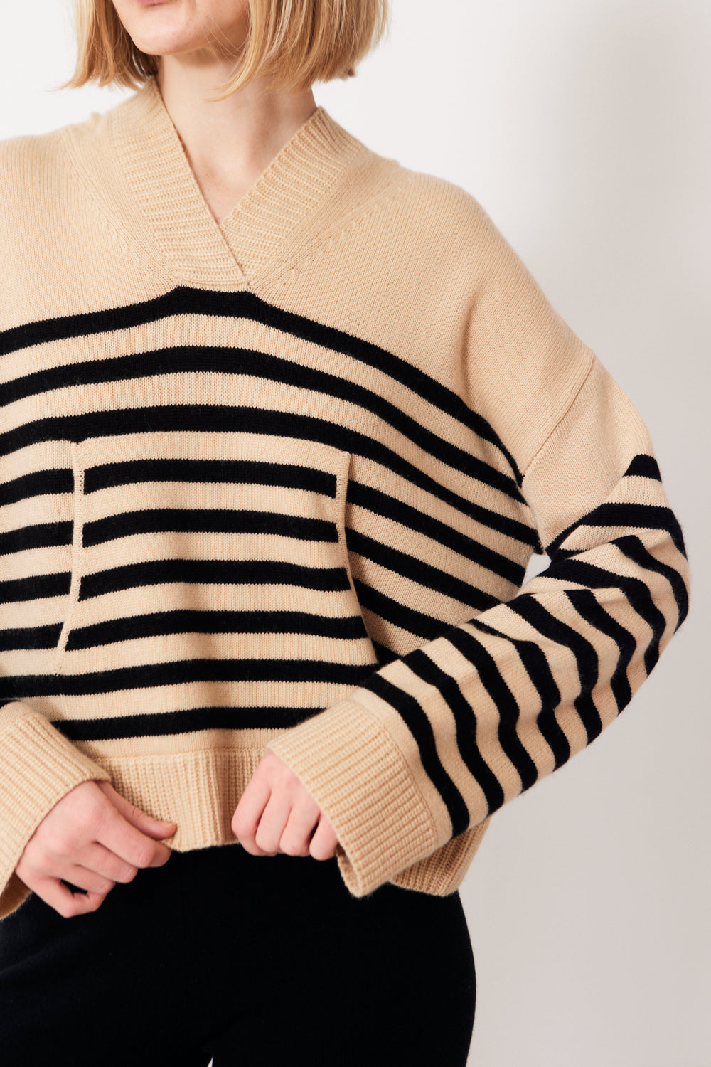 Madi wearing Allude Full Sleeve Striped Hoodie Sweater front view