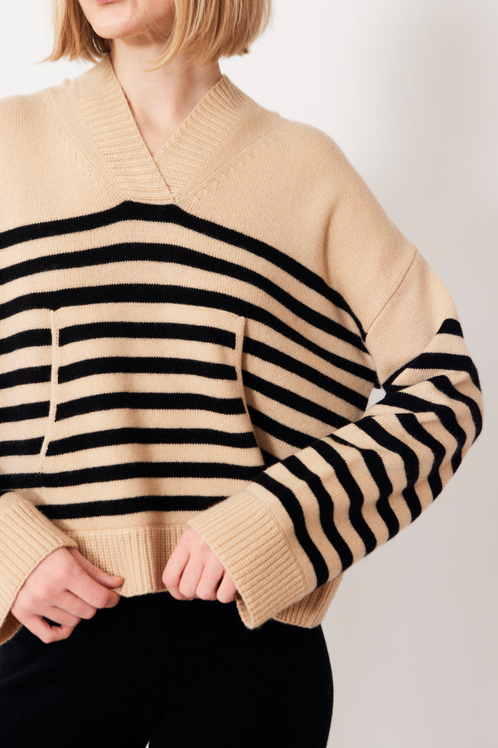 Madi wearing Allude Full Sleeve Striped Hoodie Sweater front view