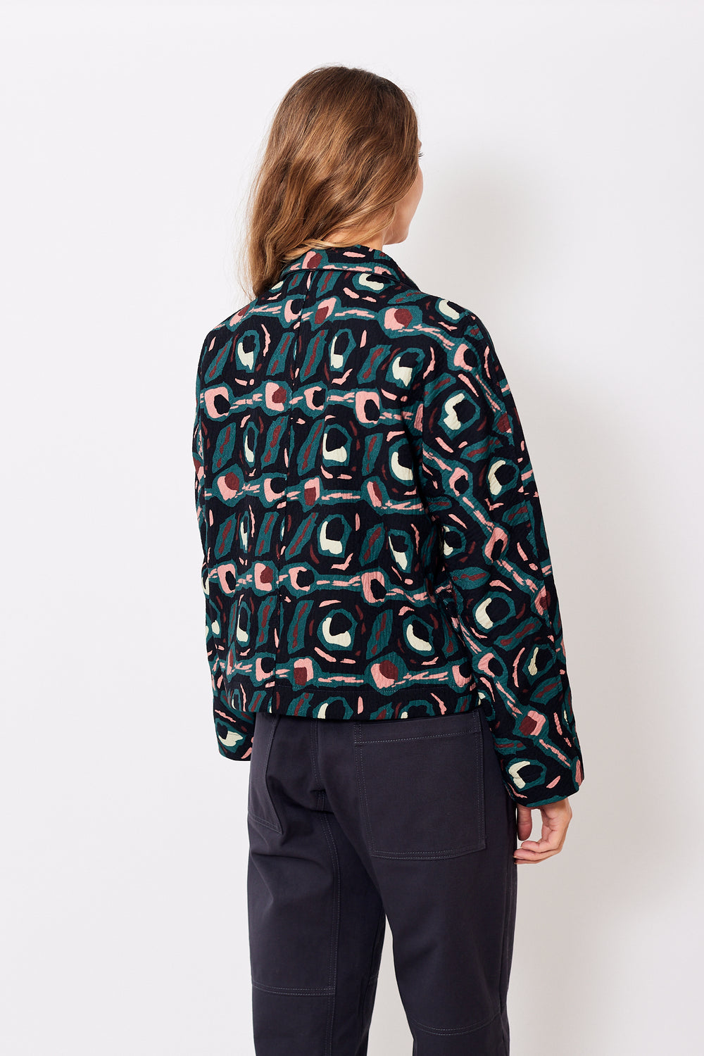 Mari wearing Odeeh Modernist Abstract Open Jacket With Pin rear view