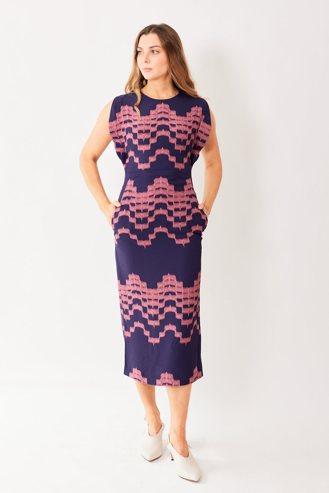 Mari wearing Odeeh Printed Back Zip Viscose Dress With Pockets front view