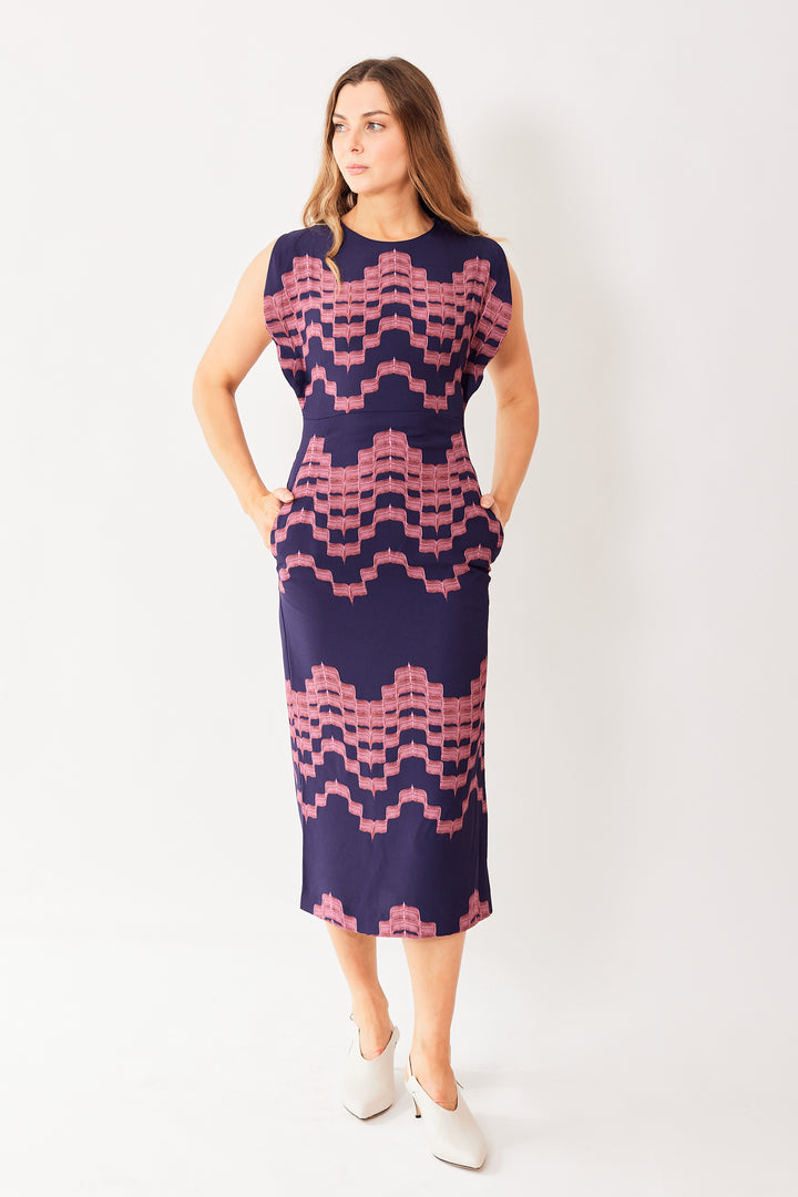 Mari wearing Odeeh Printed Back Zip Viscose Dress With Pockets front view