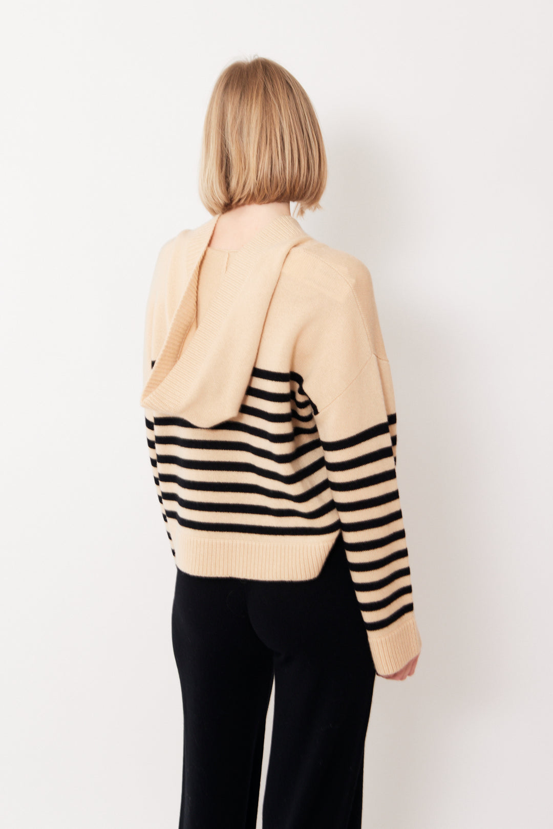 Madi wearing Allude Full Sleeve Striped Hoodie Sweater rear view