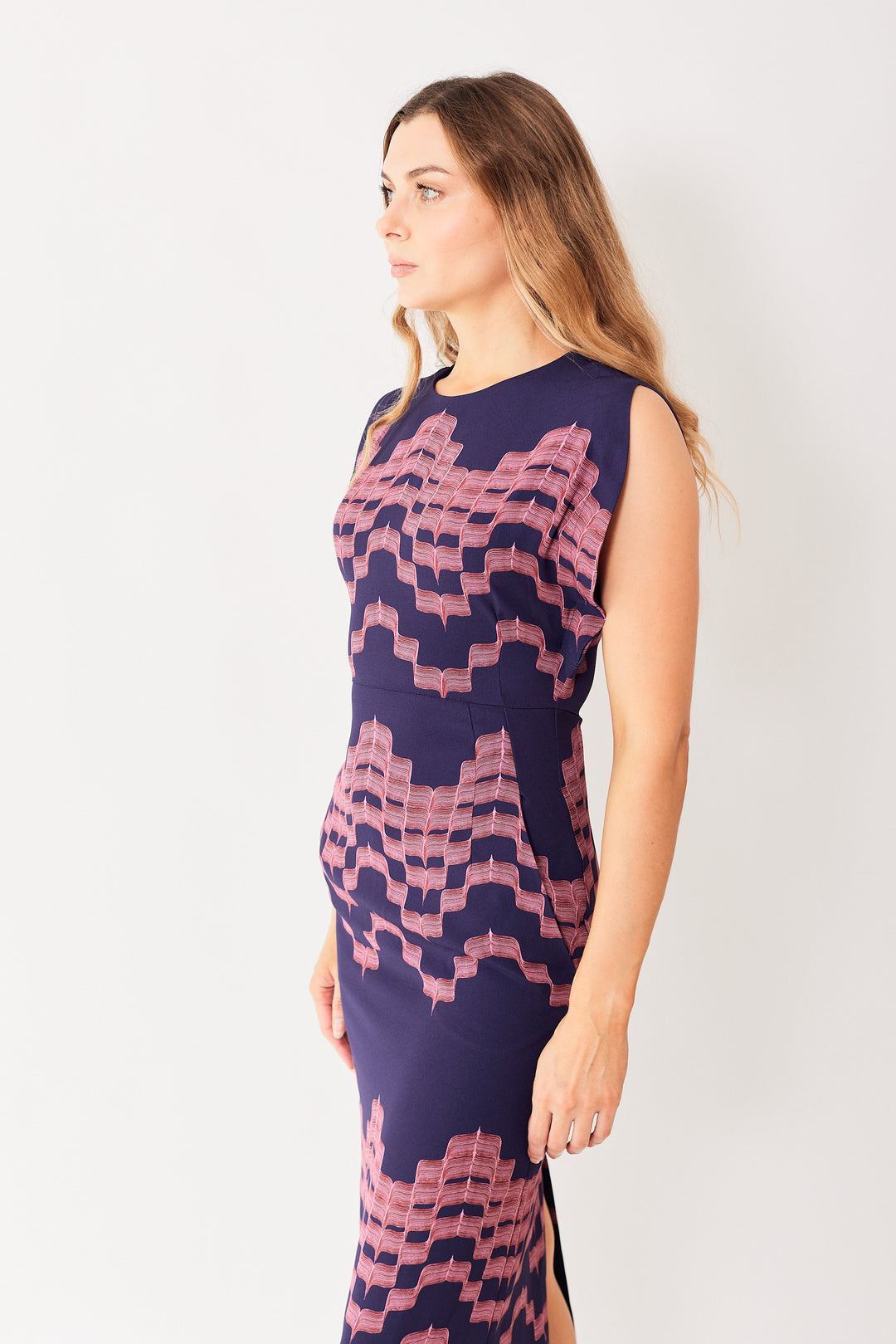 Mari wearing Odeeh Printed Back Zip Viscose Dress With Pockets front/side view