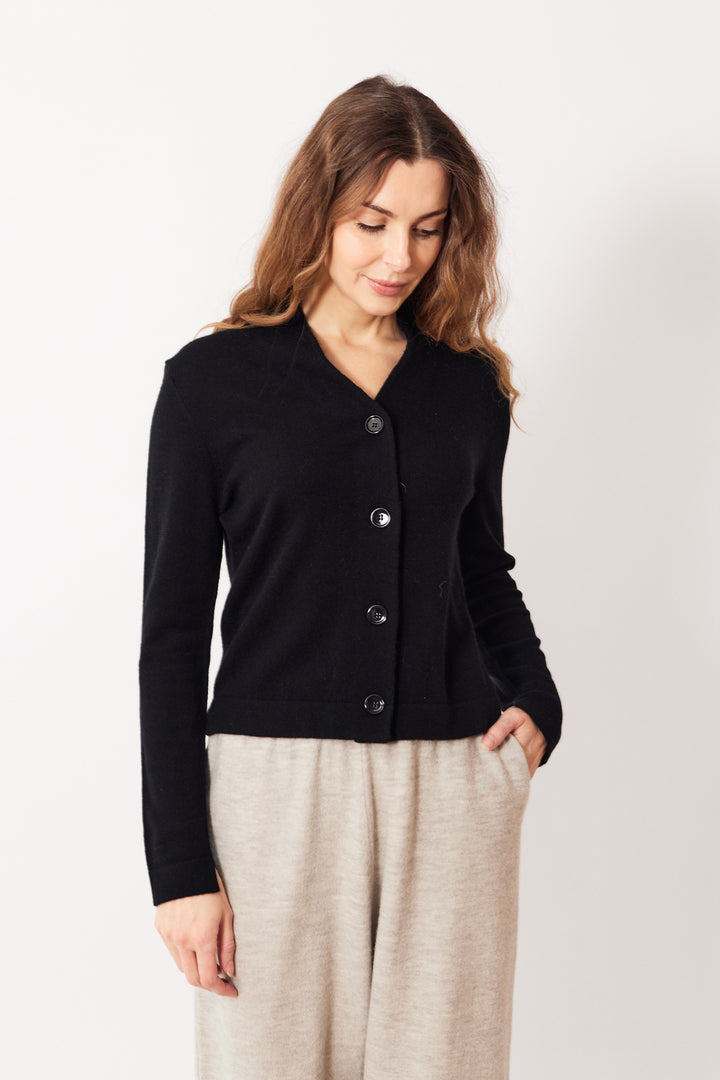 Mari wearing Allude Blazer Cardigan Sweater Black front view