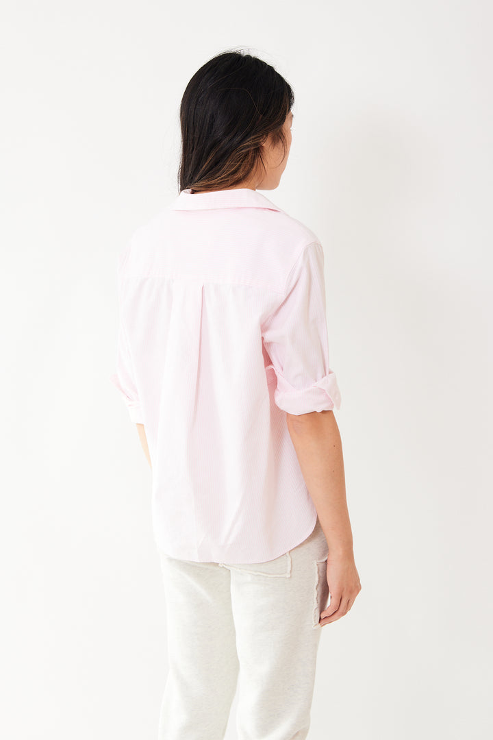 Madelyn wearing Frank & Eileen Silvio Woven Button Up rear view