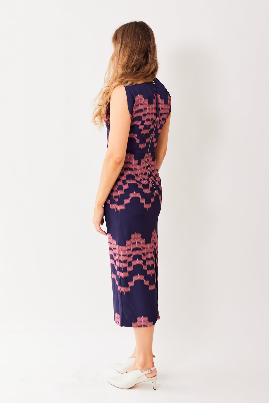 Mari wearing Odeeh Printed Back Zip Viscose Dress With Pockets rear view