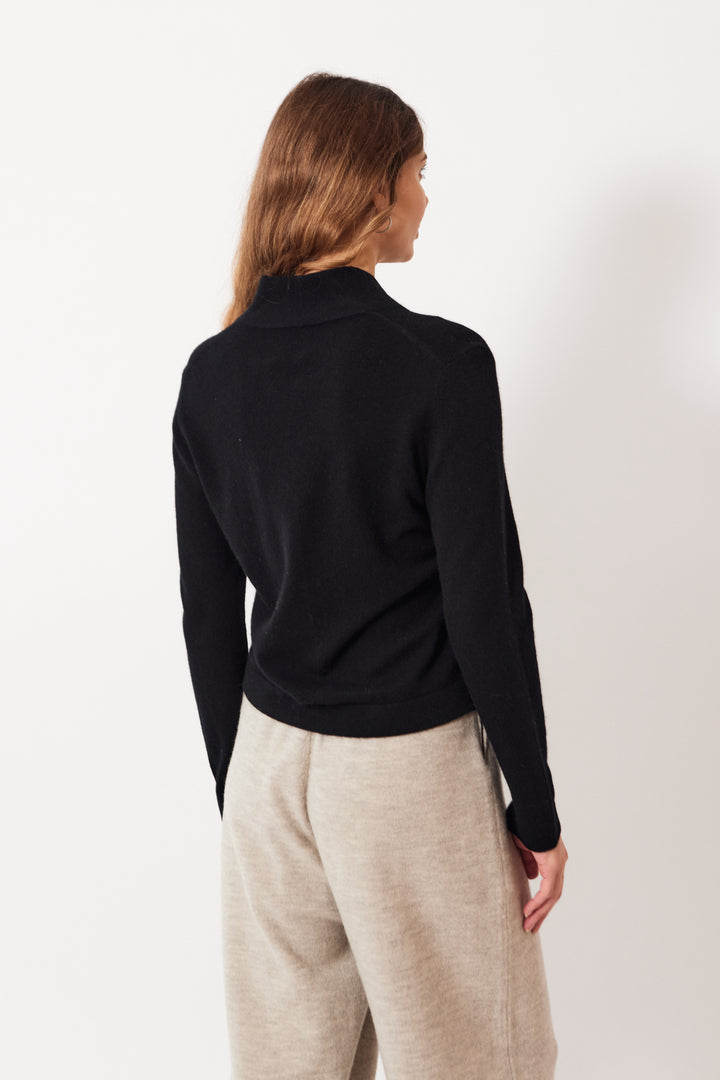 Mari wearing Allude Blazer Cardigan Sweater Black rear view