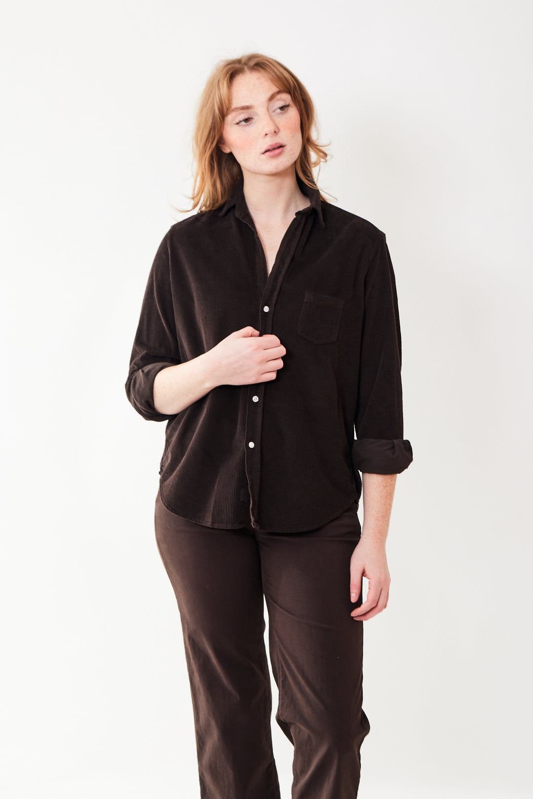 Waverly wearing Frank & Eileen Eileen Relaxed Button Up Shirt front view