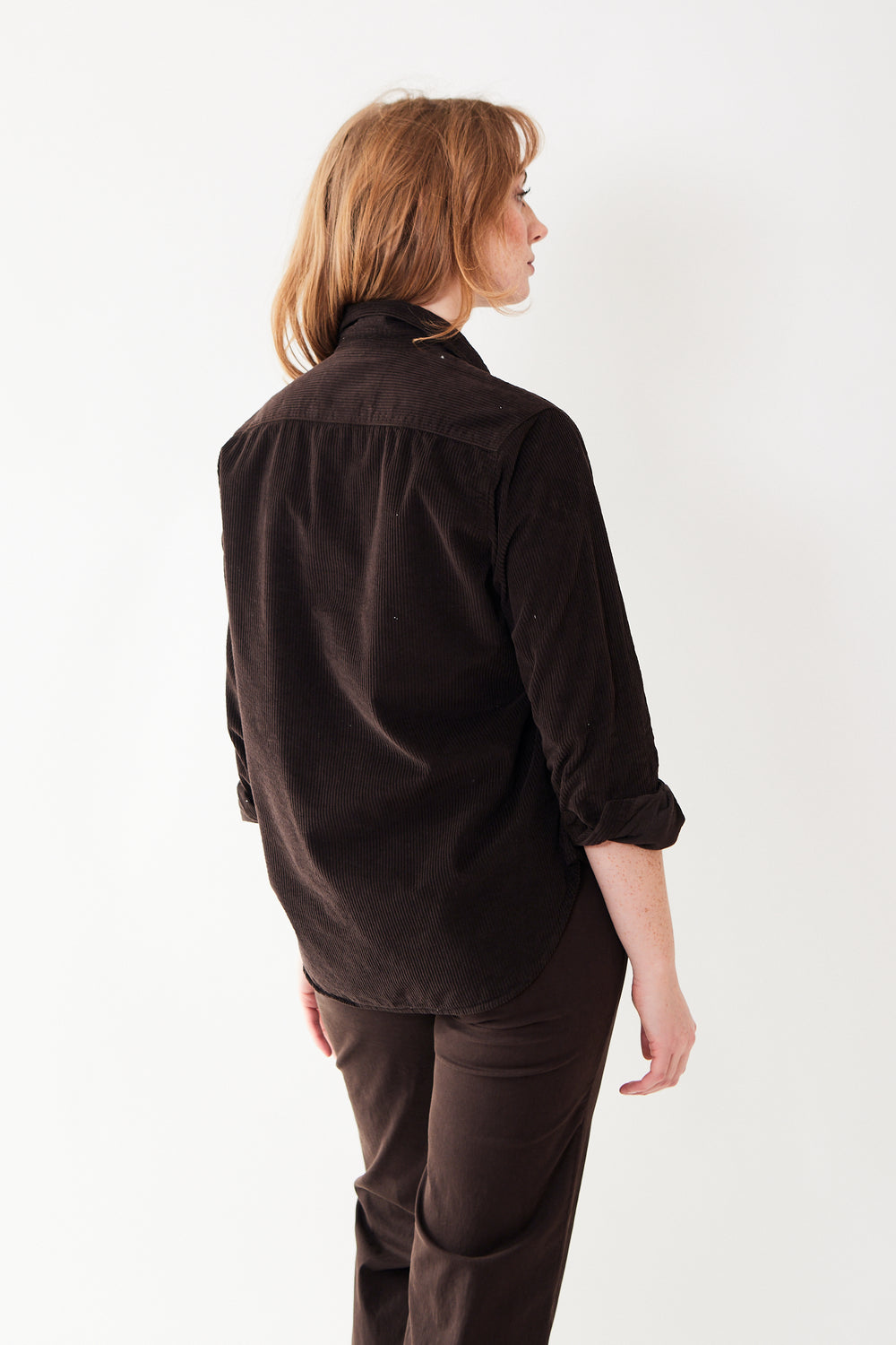 Waverly wearing Frank & Eileen Eileen Relaxed Button Up Shirt rear view