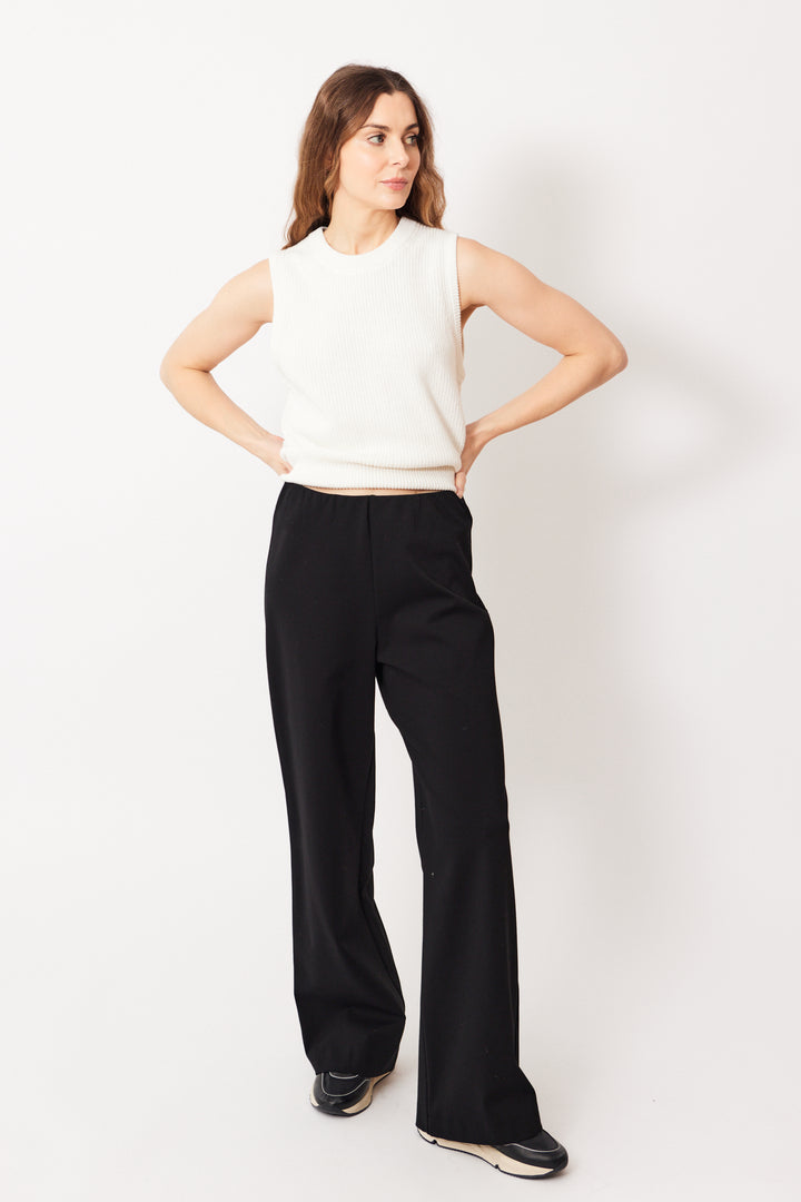 Mari wearing Odeeh Wide Leg Super Stretch Pull On Pant front view