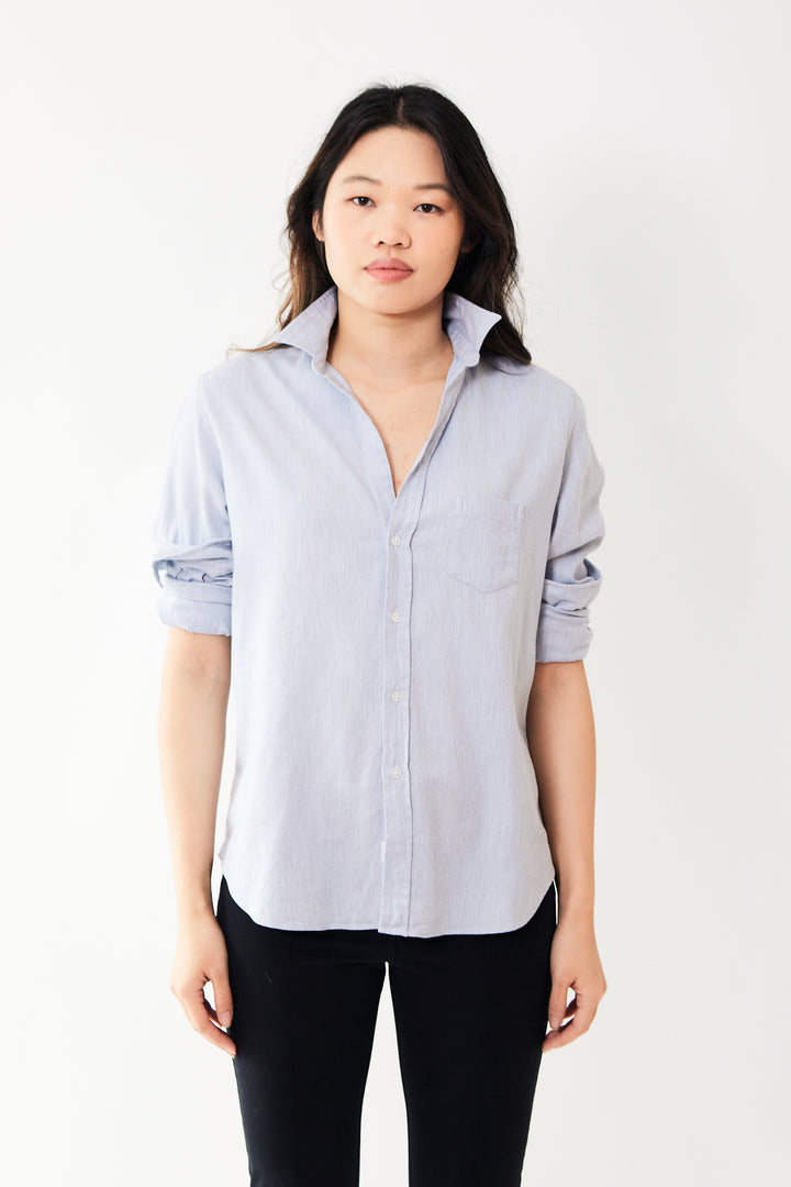 Madelyn wearing Frank & Eileen Eileen Woven Button Up front view