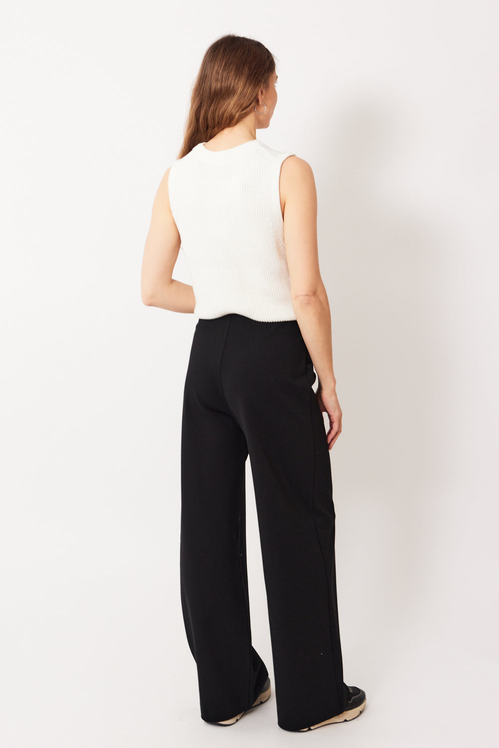 Mari wearing Odeeh Wide Leg Super Stretch Pull On Pant rear view