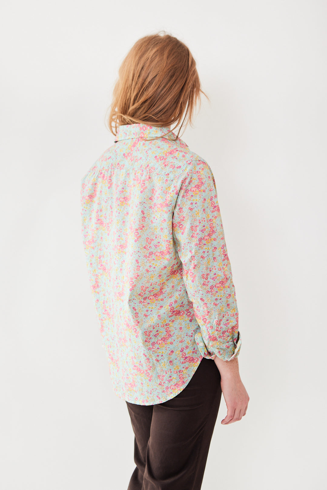 Waverly wearing Frank & Eileen Eileen Woven Button Up rear view