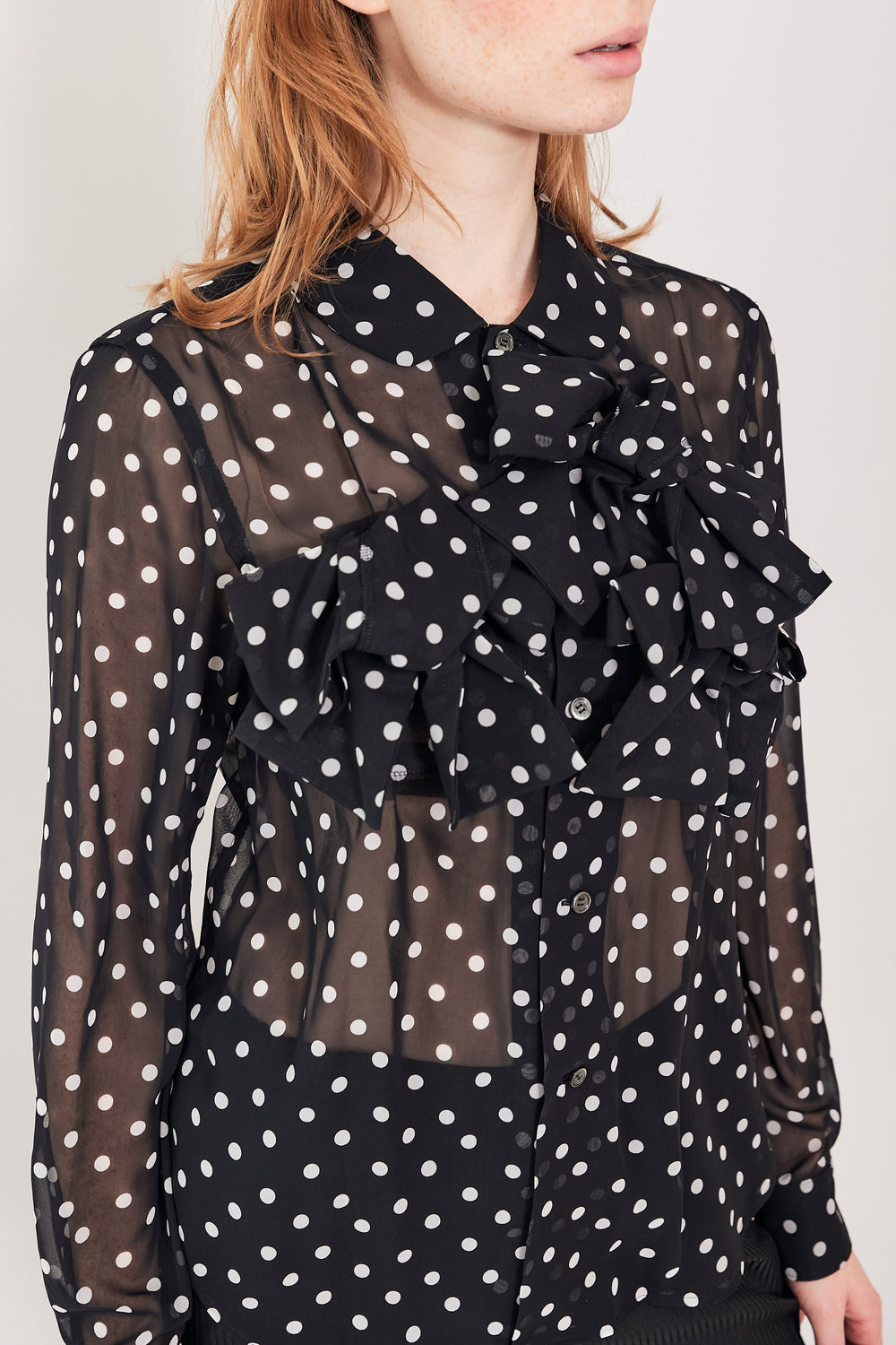 Waverly wearing Comme des Garçons Sheer Polka Dot Bow Trio Blouse front view