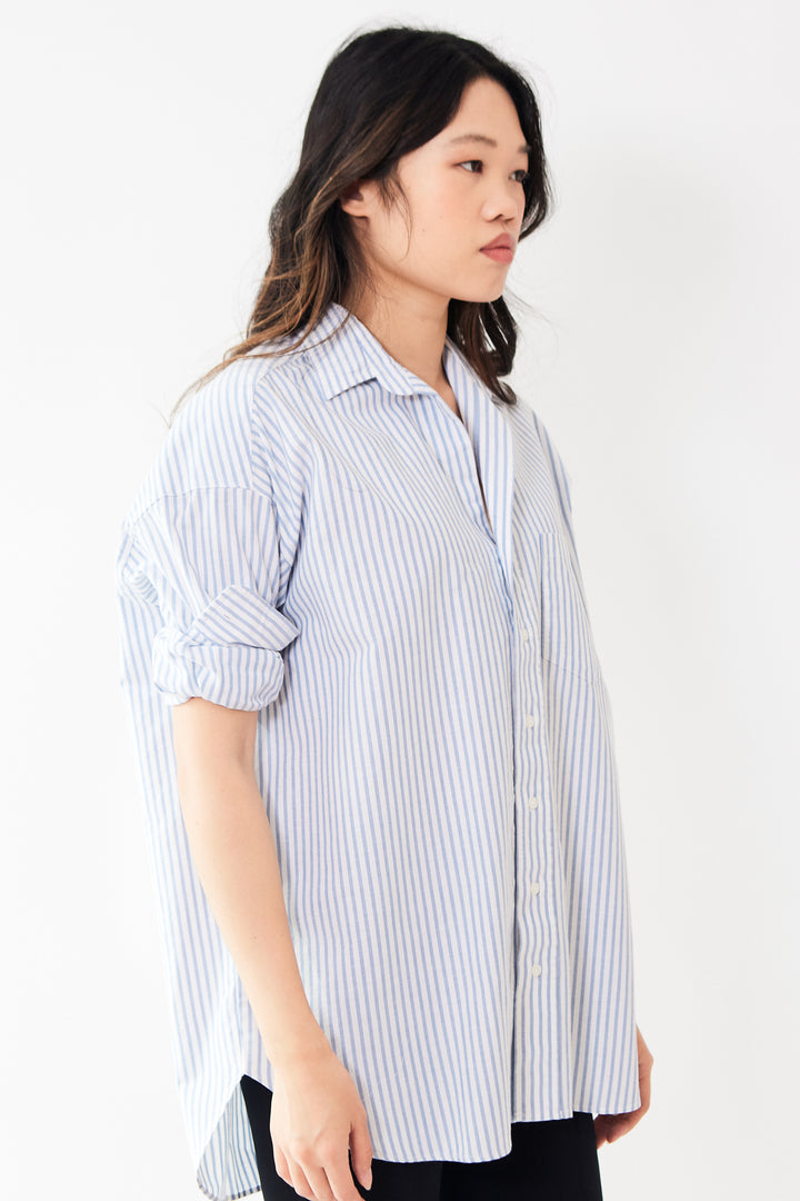 Madelyn wearing Frank & Eileen Shirley Oversized Button Up Shirt front/side view