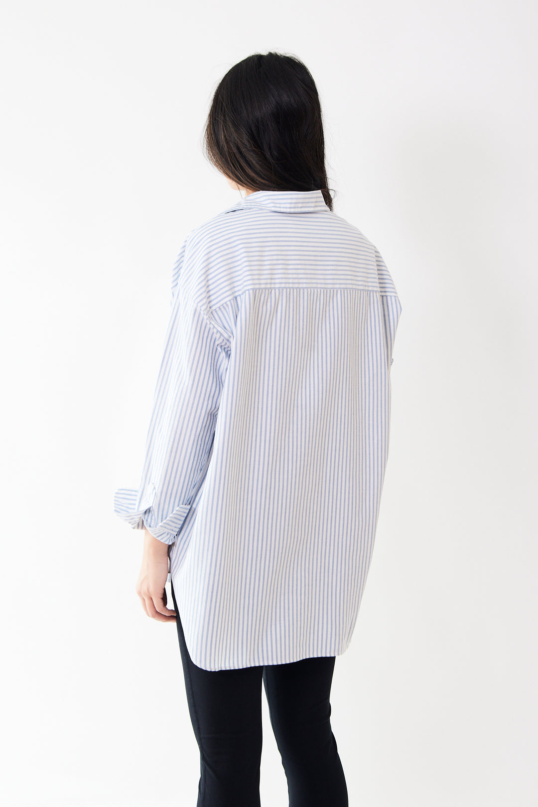 Madelyn wearing Frank & Eileen Shirley Oversized Button Up Shirt rear view