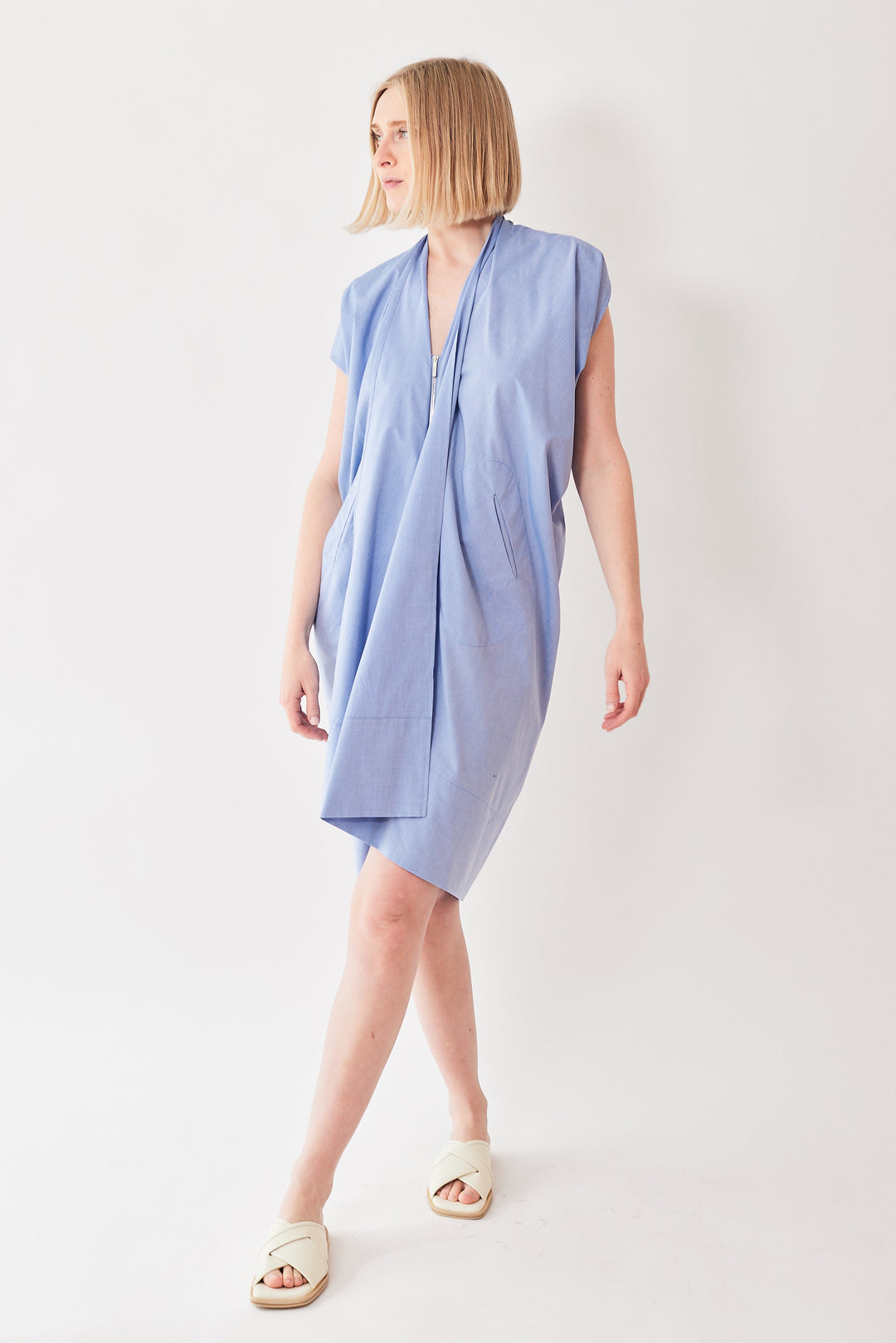 Madi wearing Zero + Maria Cornejo Summer Chambray Foil Dress front view